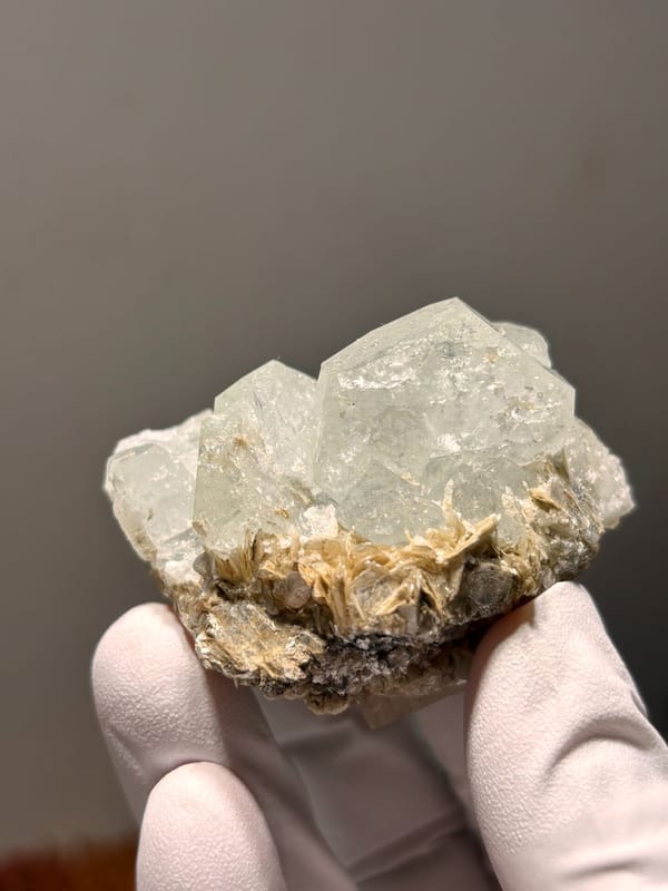 Pale aquamarine cluster on mica from Xuebaoding, Sichuan, China, close-up of the crystal faces