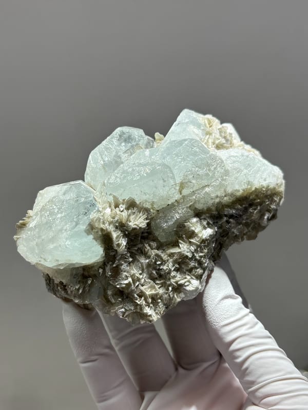 Pale blue aquamarine crystals over grey mica from Xuebaoding, Sichuan, China, held in gloved hand