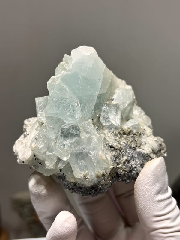 Cluster of pale blue aquamarine crystals on dark matrix from Xuebaoding, Sichuan, China, held in gloved hand