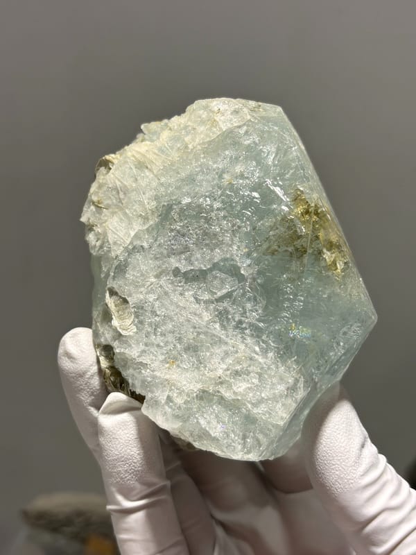 Pale blue-green aquamarine block from Xuebaoding, Sichuan, China, top view