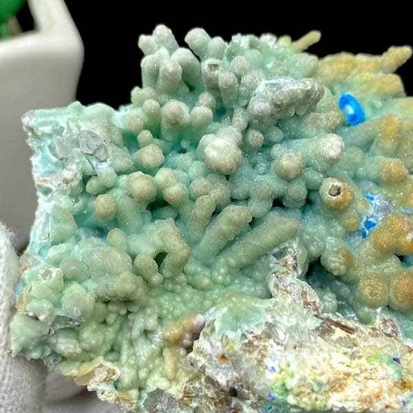 Pale blue botryoidal hemimorphite wrapping quartz from Yunnan, China, view 3 of 9