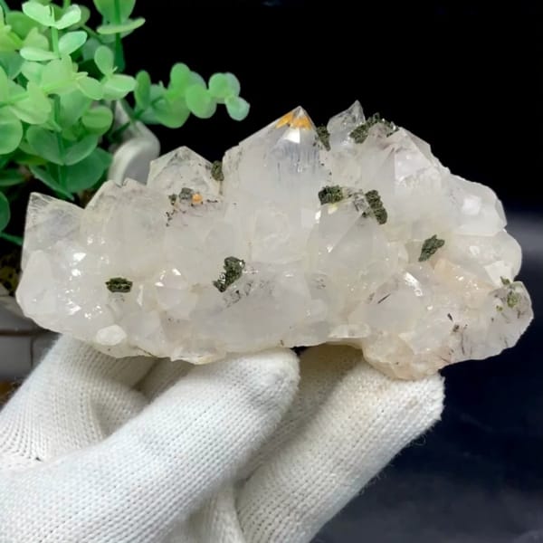 Pale quartz points dusted with green epidote from Sichuan, China