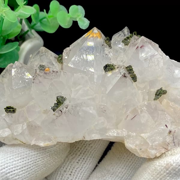 Pale quartz points dusted with green epidote from Sichuan, China, view 4 of 9