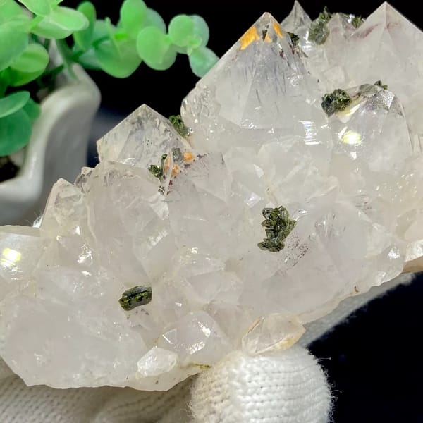 Pale quartz points dusted with green epidote from Sichuan, China, view 6 of 9