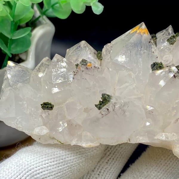 Pale quartz points dusted with green epidote from Sichuan, China, view 7 of 9