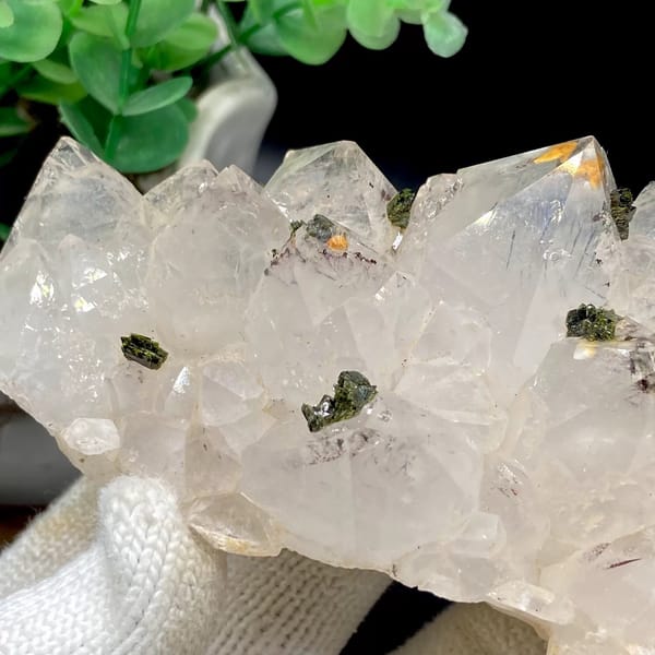 Pale quartz points dusted with green epidote from Sichuan, China, view 8 of 9