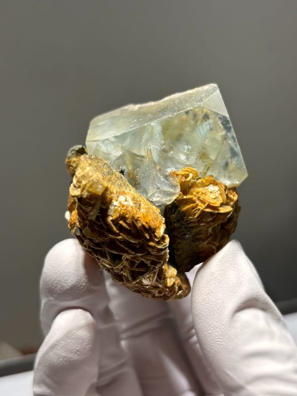 Pale green fluorite octahedron on golden mica from Xuebaoding, Sichuan, China, close-up of the crystal faces