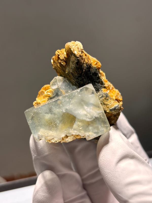 Pale green fluorite octahedron on golden mica from Xuebaoding, Sichuan, China, reverse side
