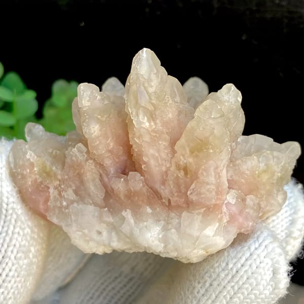 Spray of pale pink calcite points from Guizhou, China, view 9 of 9
