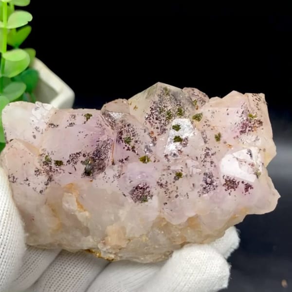 Pale pink garden quartz points dusted with green epidote from Sichuan, China