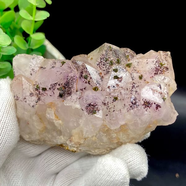 Pale pink garden quartz points dusted with green epidote from Sichuan, China, view 2 of 9