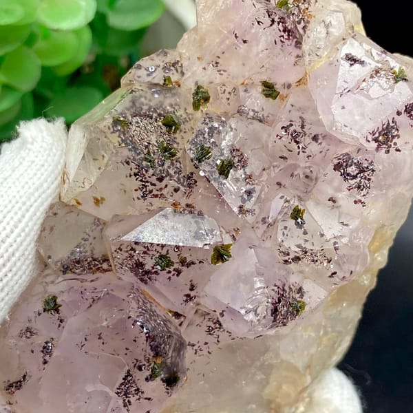 Pale pink garden quartz points dusted with green epidote from Sichuan, China, view 3 of 9
