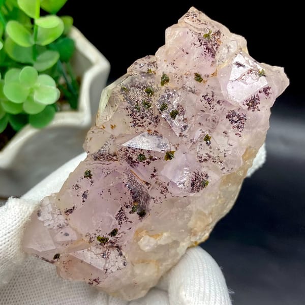 Pale pink garden quartz points dusted with green epidote from Sichuan, China, view 4 of 9