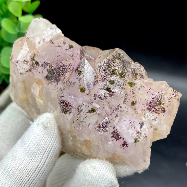 Pale pink garden quartz points dusted with green epidote from Sichuan, China, view 5 of 9