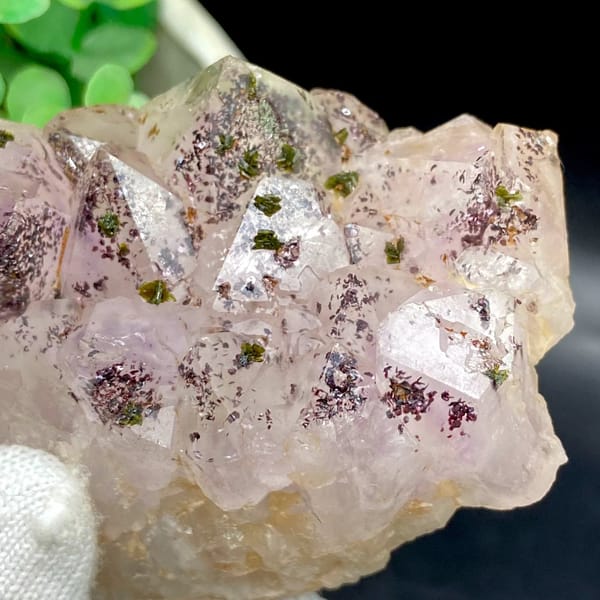Pale pink garden quartz points dusted with green epidote from Sichuan, China, view 6 of 9