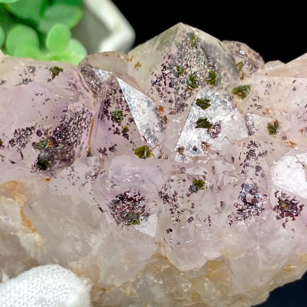 Pale pink garden quartz points dusted with green epidote from Sichuan, China, view 7 of 9