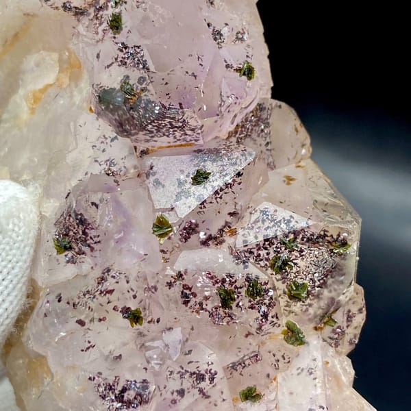 Pale pink garden quartz points dusted with green epidote from Sichuan, China, view 8 of 9