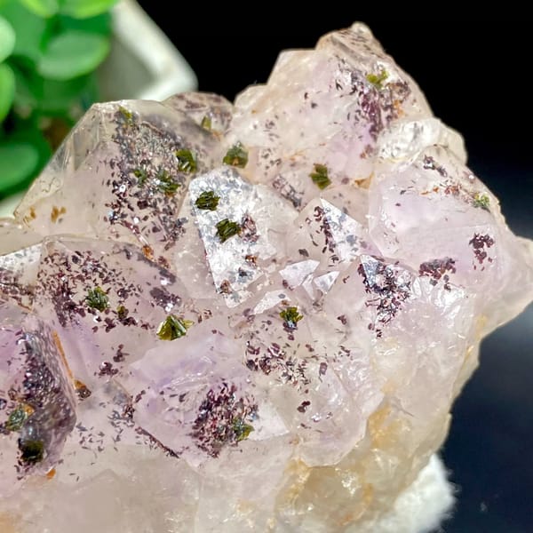 Pale pink garden quartz points dusted with green epidote from Sichuan, China, view 9 of 9