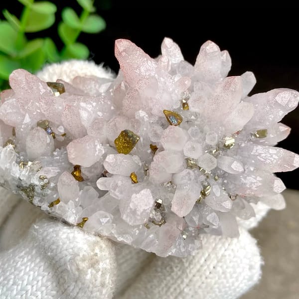 Pale pink quartz cluster with brassy chalcopyrite from Jiangxi, China, view 5 of 9
