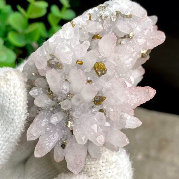 Pale pink quartz cluster with brassy chalcopyrite from Jiangxi, China, view 7 of 9