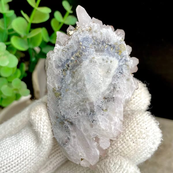 Pale pink quartz cluster with brassy chalcopyrite from Jiangxi, China, view 9 of 9