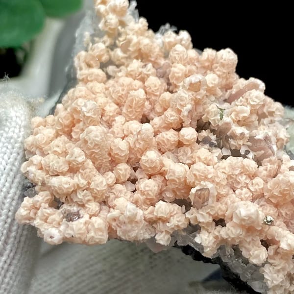 Pale pink botryoidal rhodochrosite over grey quartz from Guangxi, China, view 4 of 9