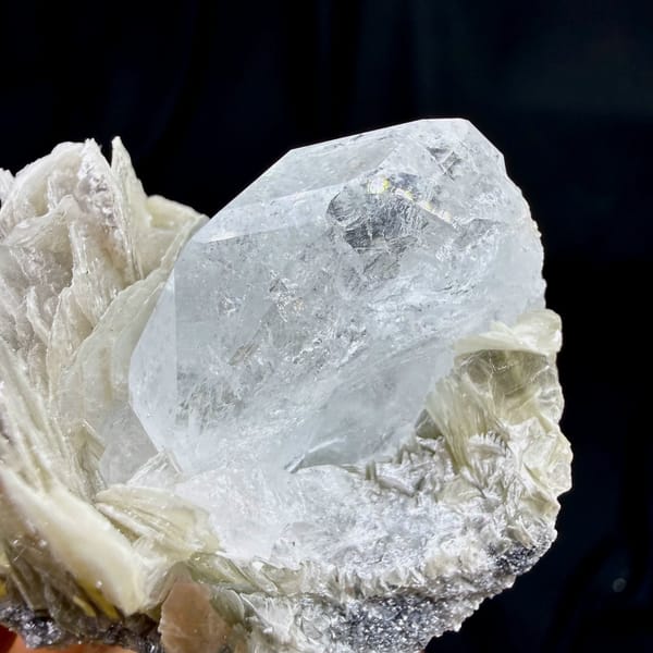 Pearly muscovite books with pale aquamarine crystal from Xuebaoding, Sichuan, China, view 3 of 6