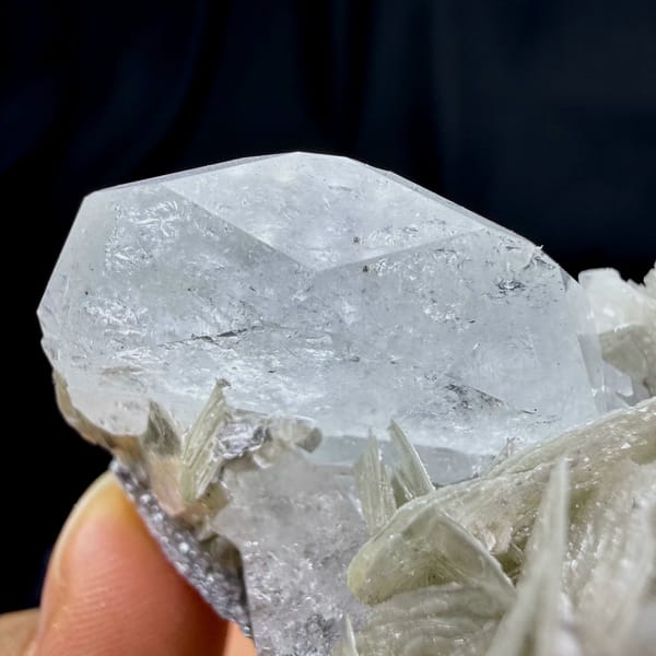 Pearly muscovite books with pale aquamarine crystal from Xuebaoding, Sichuan, China, view 5 of 6
