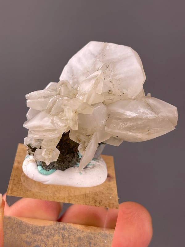 Cream calcite blades and rhombohedra visible on petal-form calcite specimen from Longyan, Fujian, China
