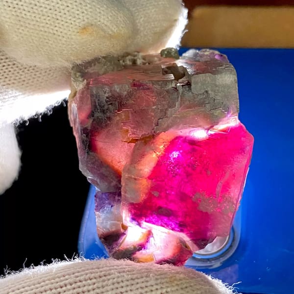 Phantom fluorite glowing magenta when, from Inner Mongolia, China, front view in daylight, view 8 of 9