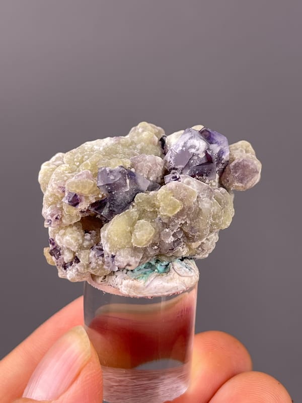 Purple fluorite with cream botryoidal coating on natural phantom fluorite specimen from Chifeng, Inner Mongolia, China