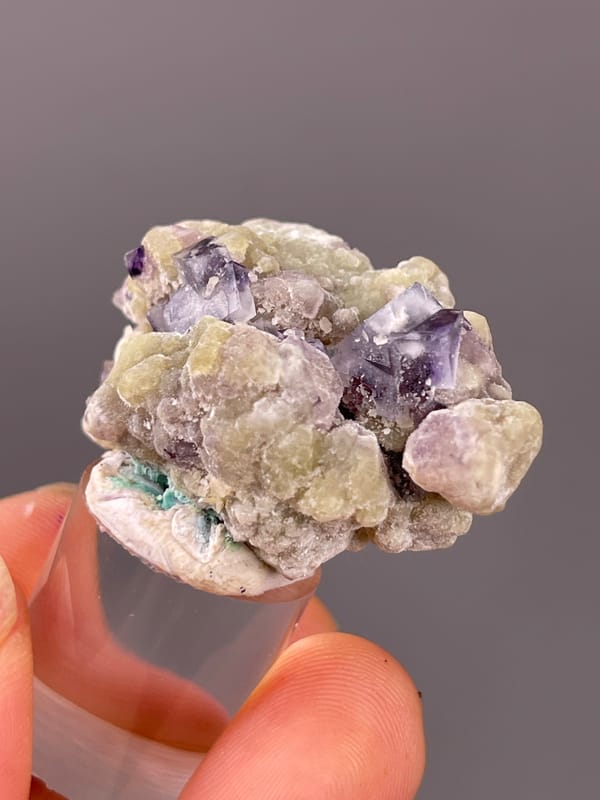 Phantom Fluorite specimen from Chifeng, Inner Mongolia, China, characterized by purple fluorite with cream botryoidal coating