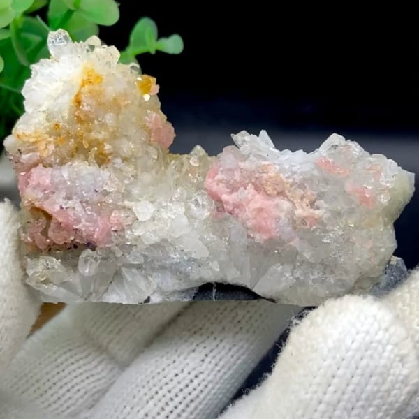 Pink rhodochrosite patches on white quartz plate from Guangxi, China