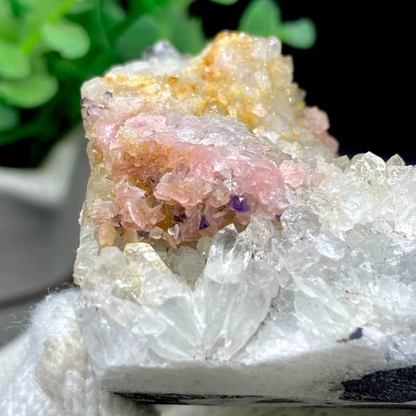 Pink rhodochrosite patches on white quartz plate from Guangxi, China, view 5 of 9