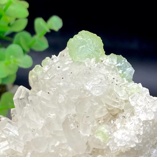 White quartz points with pale green prehnite ball from Sichuan, China, view 4 of 9
