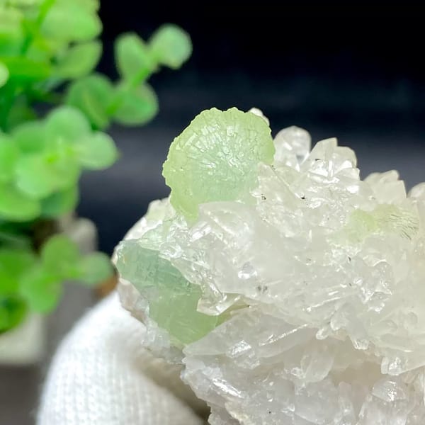 White quartz points with pale green prehnite ball from Sichuan, China, view 5 of 9