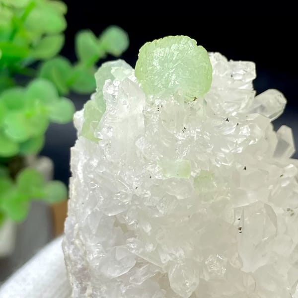 White quartz points with pale green prehnite ball from Sichuan, China, view 6 of 9