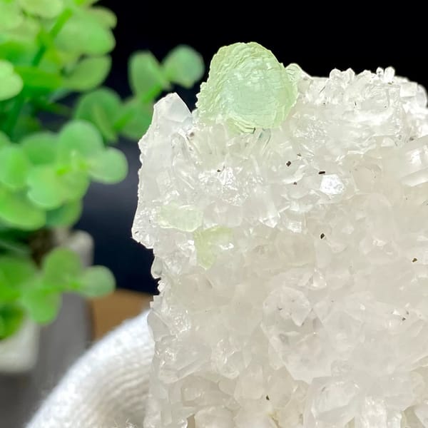 White quartz points with pale green prehnite ball from Sichuan, China, view 8 of 9