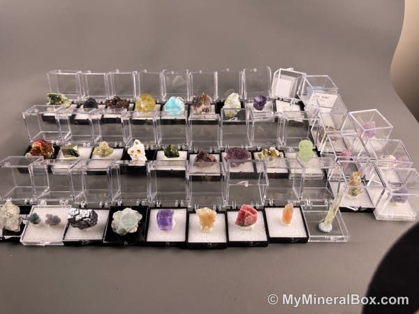 Bulk002 actual mixed mineral specimen box with approximately 35 to 40 different mini specimens in clear display boxes, including likely fluorite, quartz, aquamarine, galena, pyrite, grape agate, stibnite and other assorted minerals.