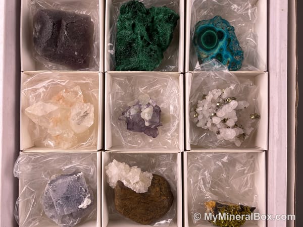 Bulk005 actual 15-piece collector mineral hand specimen set with pyromorphite, malachite, fluorite, chalcopyrite on quartz, apophyllite, cactus amethyst, calcite and Congo malachite with chrysocolla.