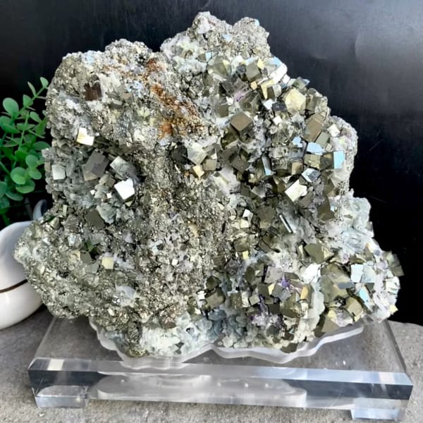 Large pyrite and green quartz display piece on stand from Shangbao, Hunan, China