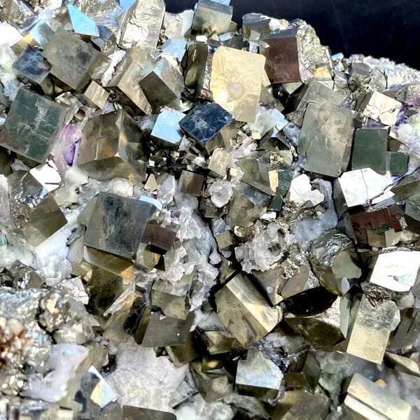 Large pyrite and green quartz display piece on stand from Shangbao, Hunan, China, second angle