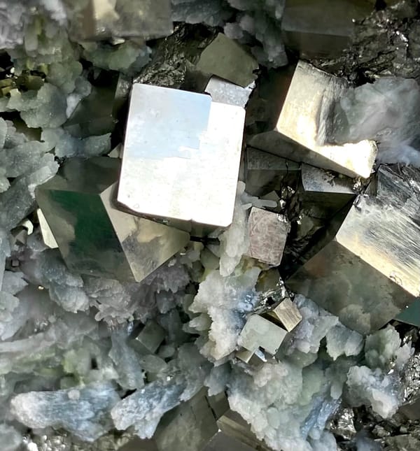 Large pyrite and green quartz display piece on stand from Shangbao, Hunan, China, reverse side