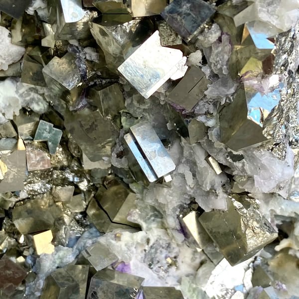 Large pyrite and green quartz display piece on stand from Shangbao, Hunan, China, side view