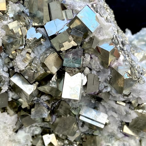 Large pyrite and green quartz display piece on stand from Shangbao, Hunan, China, close-up of terminations