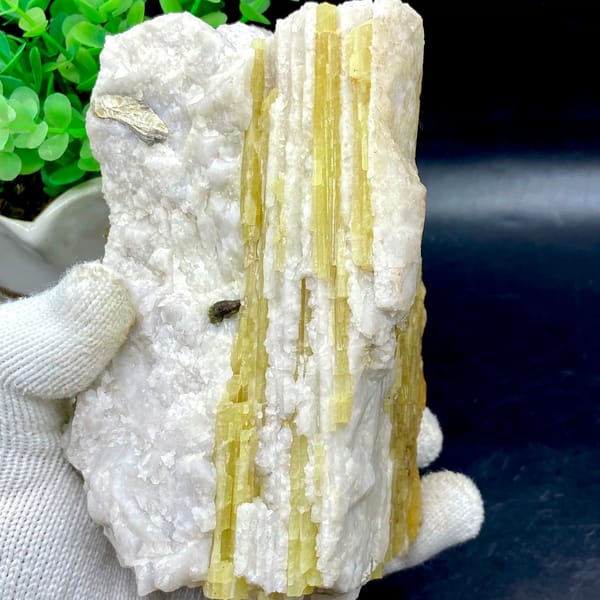 Block of golden topaz columns in white matrix from Germany, overall view
