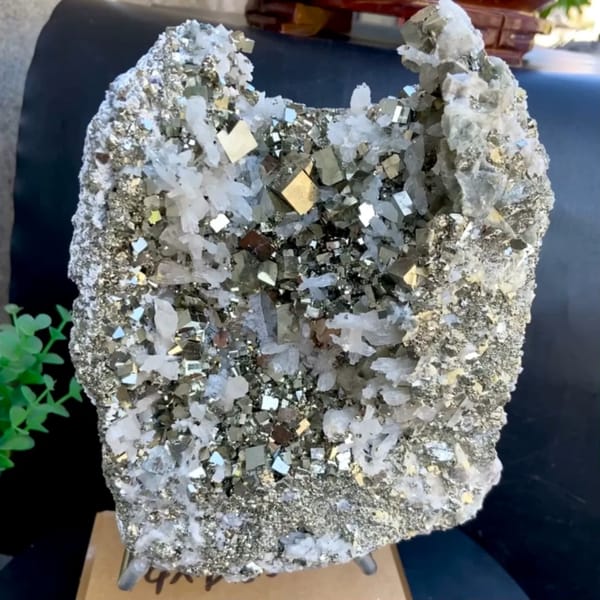 Large pyrite and quartz plate on stand from Shangbao, Hunan, China
