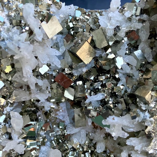 Large pyrite and quartz plate on stand from Shangbao, Hunan, China, second angle