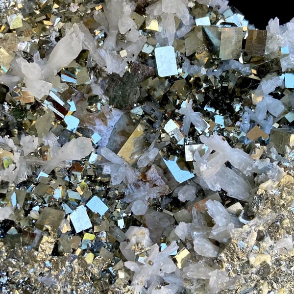 Large pyrite and quartz plate on stand from Shangbao, Hunan, China, top view
