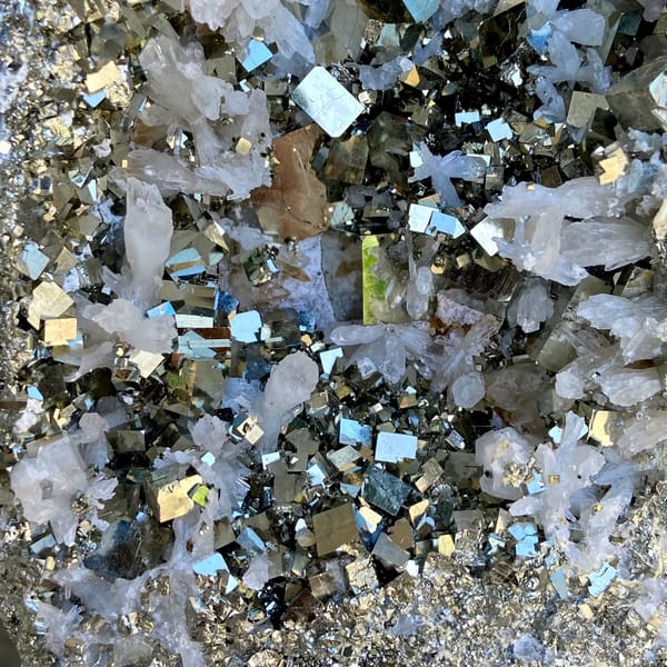Large pyrite and quartz plate on stand from Shangbao, Hunan, China, side view